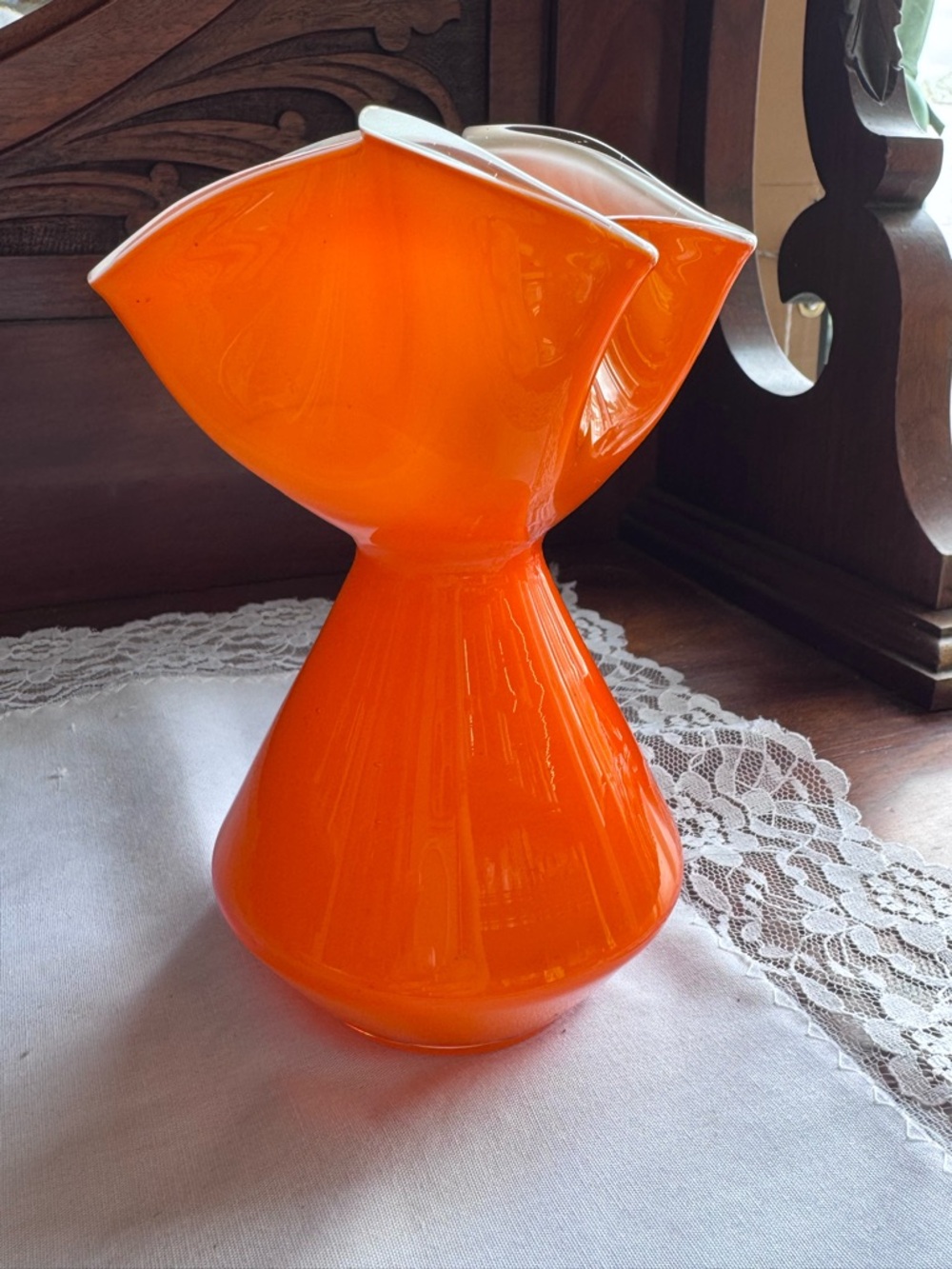 Vintage Tangerine Orange Over White Cased Paneled Art Glass Vase Ruffled Edge